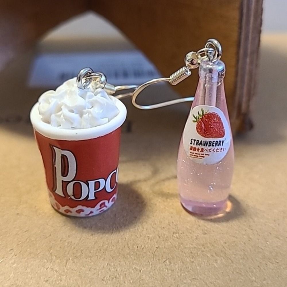 Mismatched Popcorn and Strawberry Soda Bottle‎ Miniature Drop Earrings Red Pink